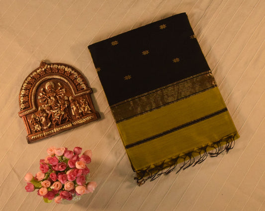 Chic Olive Green and Black Handloom Maheshwari Saree