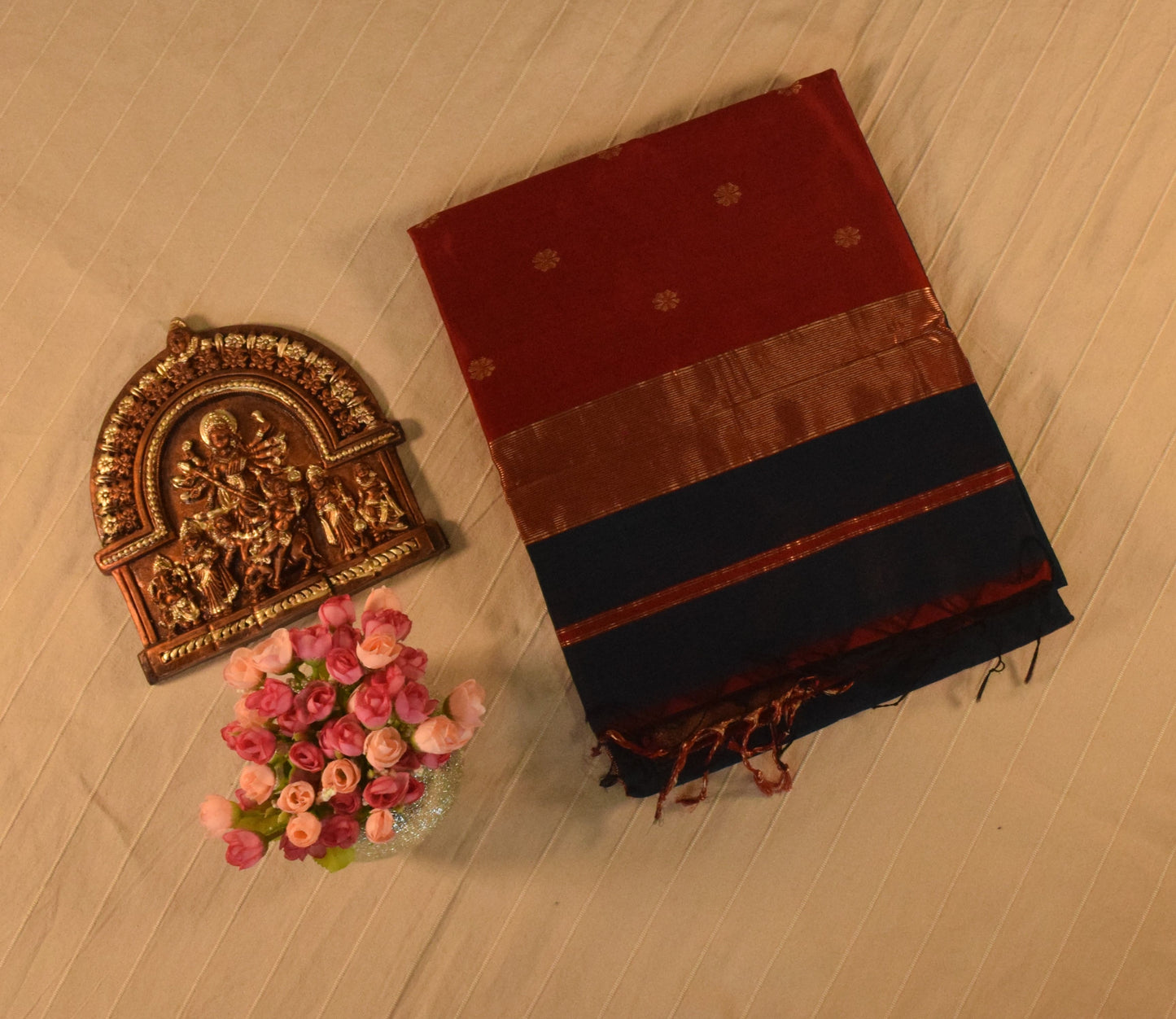 Peacock Blue and Maroon Handloom Maheshwari Saree