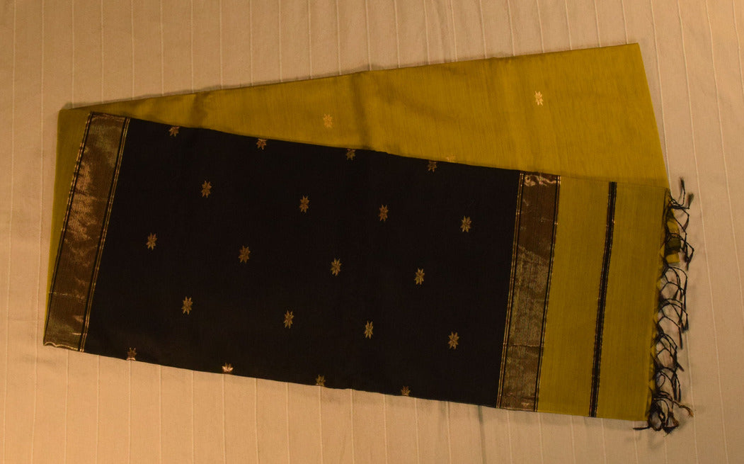 Chic Olive Green and Black Handloom Maheshwari Saree