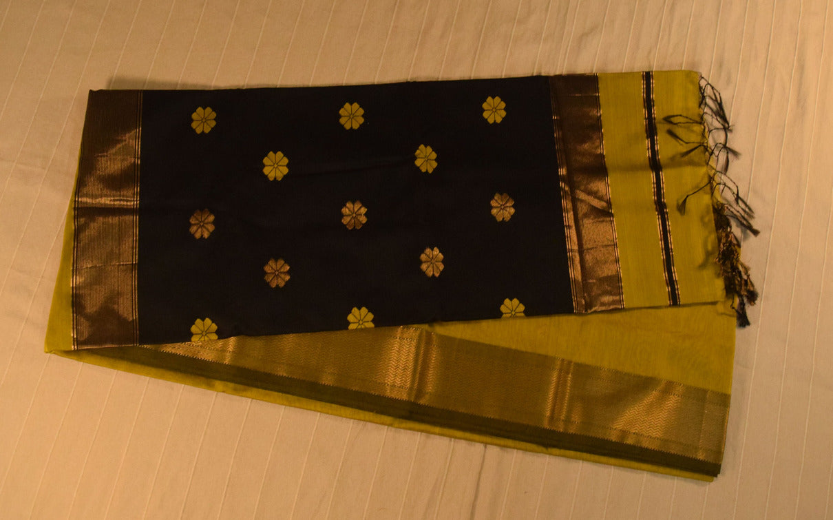 Vibrant Olive Green and Black Handloom Maheshwari Saree