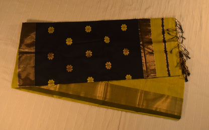 Vibrant Olive Green and Black Handloom Maheshwari Saree
