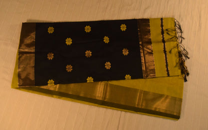 Vibrant Olive Green and Black Handloom Maheshwari Saree