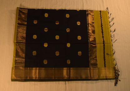 Vibrant Olive Green and Black Handloom Maheshwari Saree