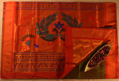 Olive Green and Red Paithani Silk Saree