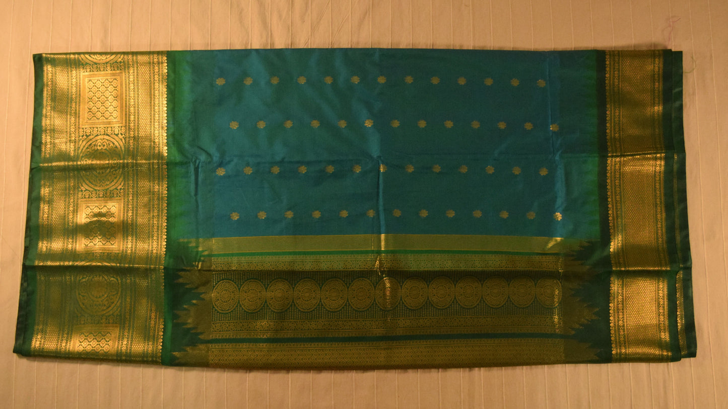 Aqua Blue and Olive Green Semi Gadwal silk saree
