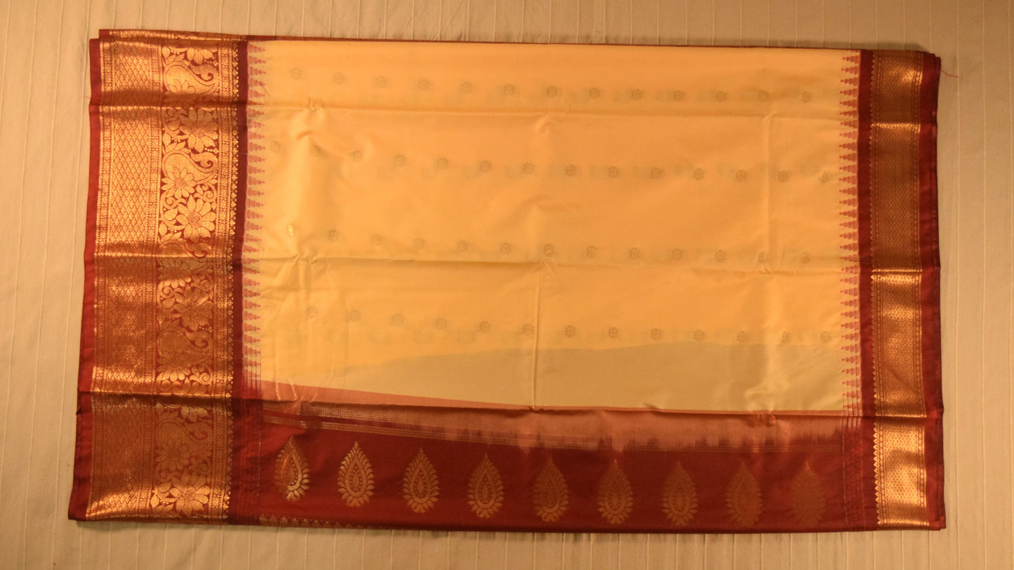 Soft Cream and Maroon Semi Gadwal silk saree
