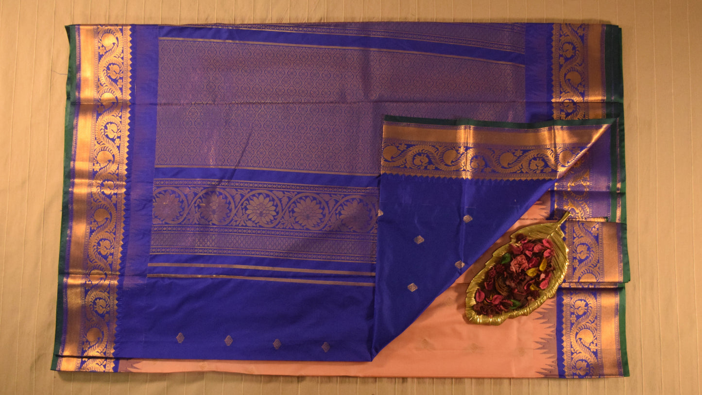 Soft Peach and Royal Blue Semi Gadwal silk saree