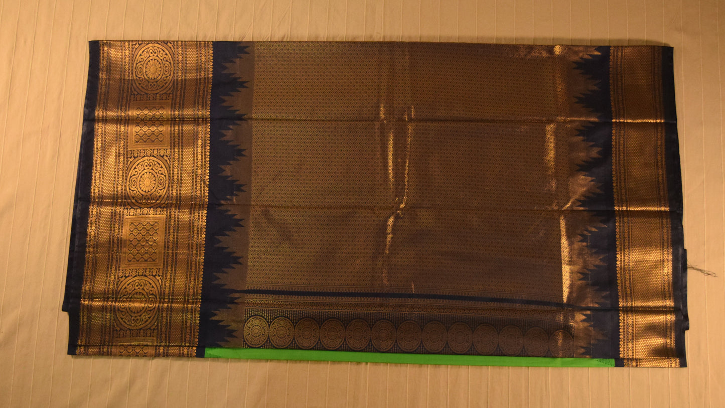 Parrot Green and Dark Blue Semi Gadwal silk saree