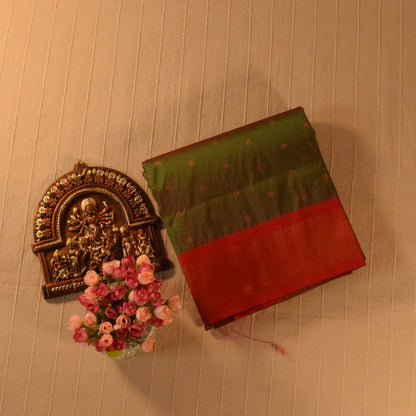 Olive Green and Red Paithani Silk Saree