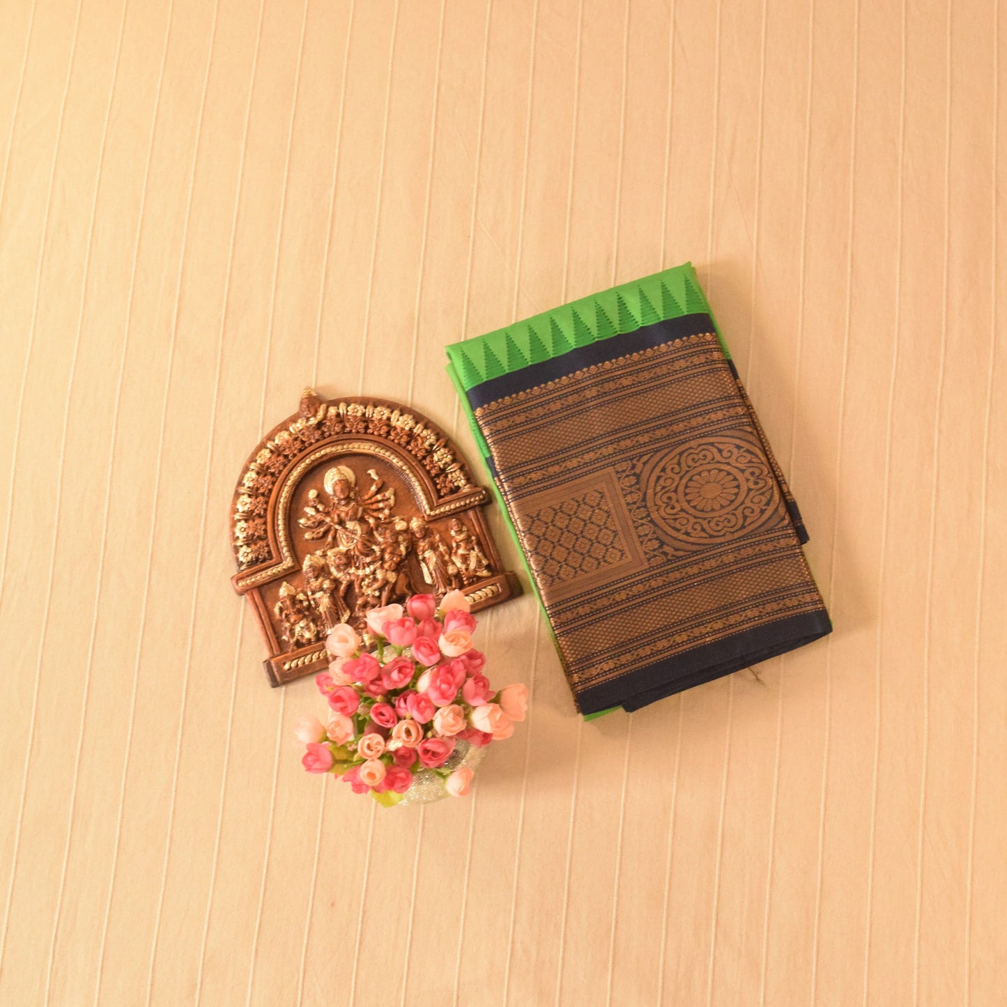 Parrot Green and Dark Blue Semi Gadwal silk saree