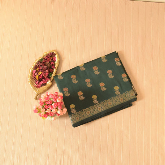 Bottle Green Semi Banarasi Saree