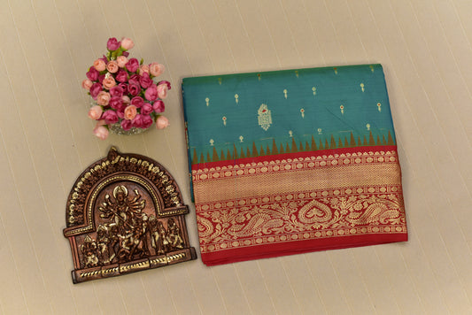 Teal Blue Semi Gadwal Silk Saree