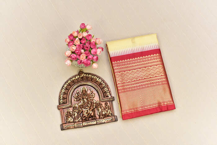 Regal Cream & Red Semi Gadwal Silk Saree