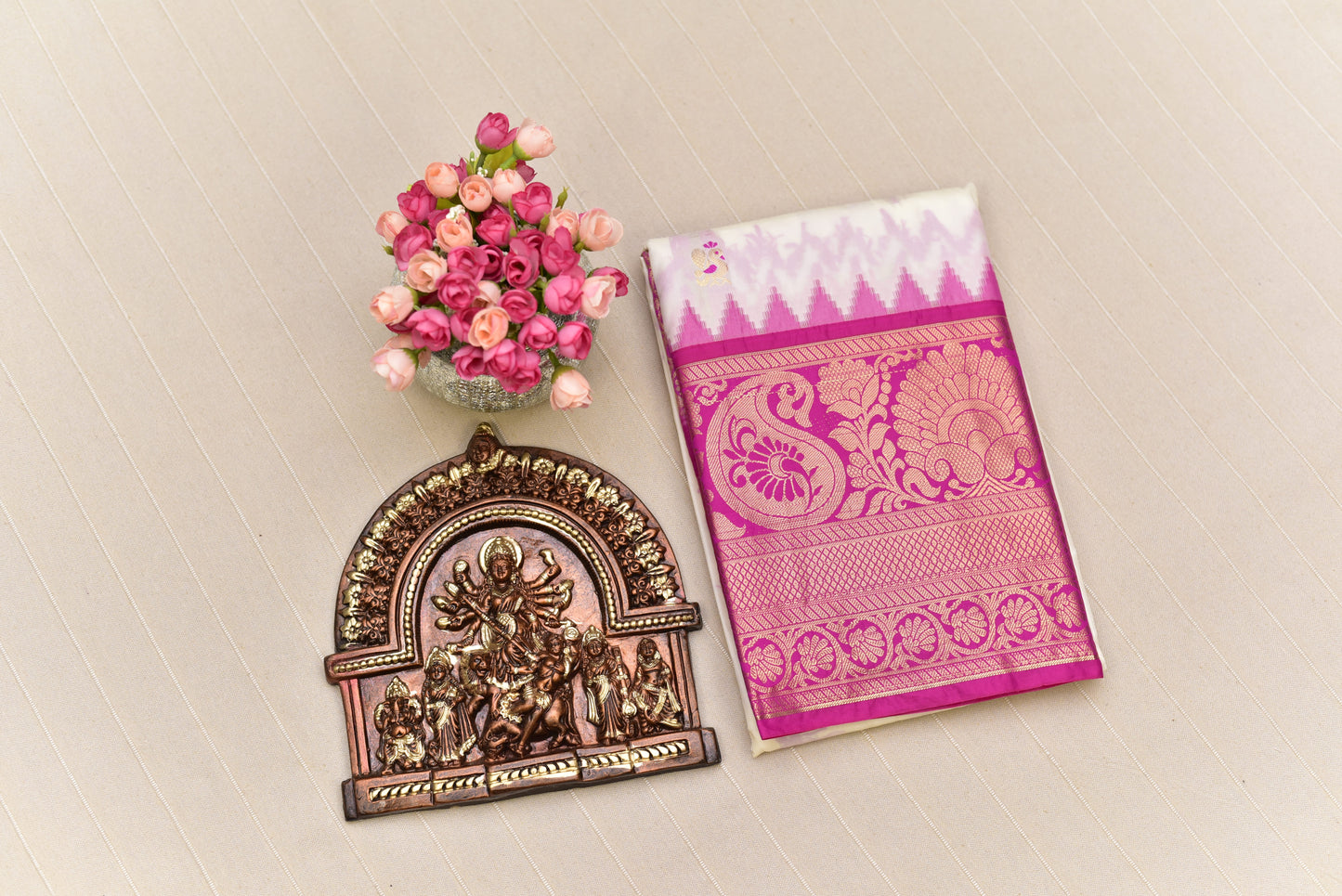 Graceful White & Pink Semi Gadwal Silk Saree