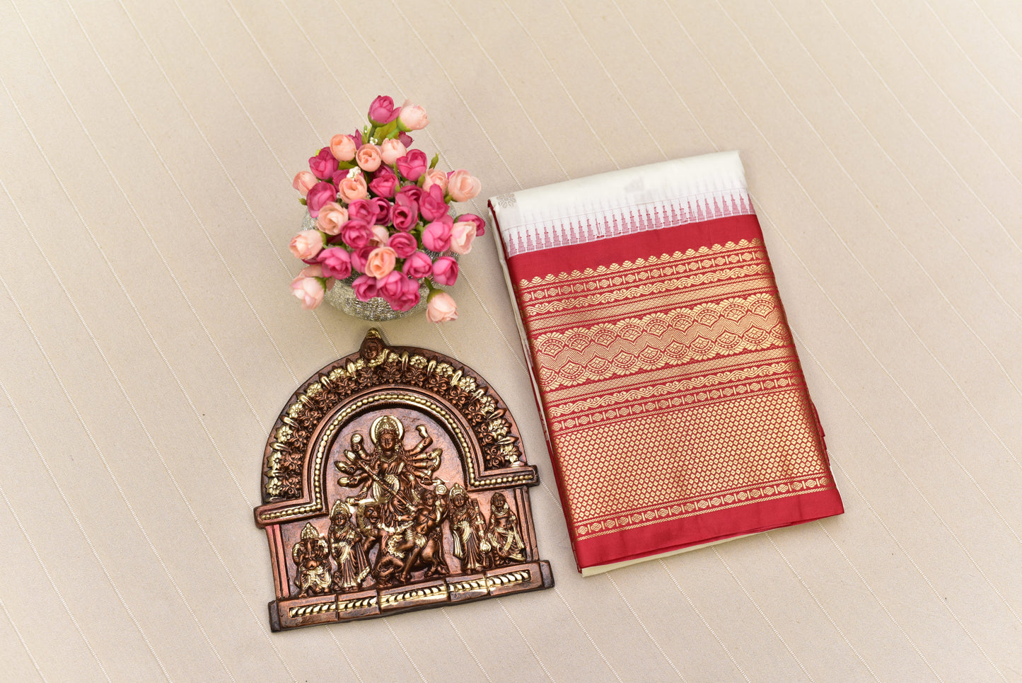 Pristine White and Crimson Red Semi Gadwal Silk Saree