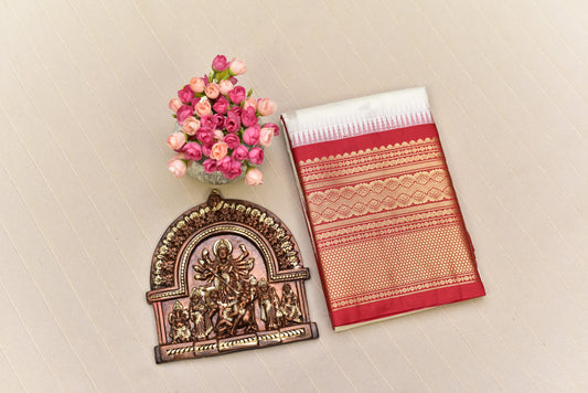 Pristine White and Crimson Red Semi Gadwal Silk Saree