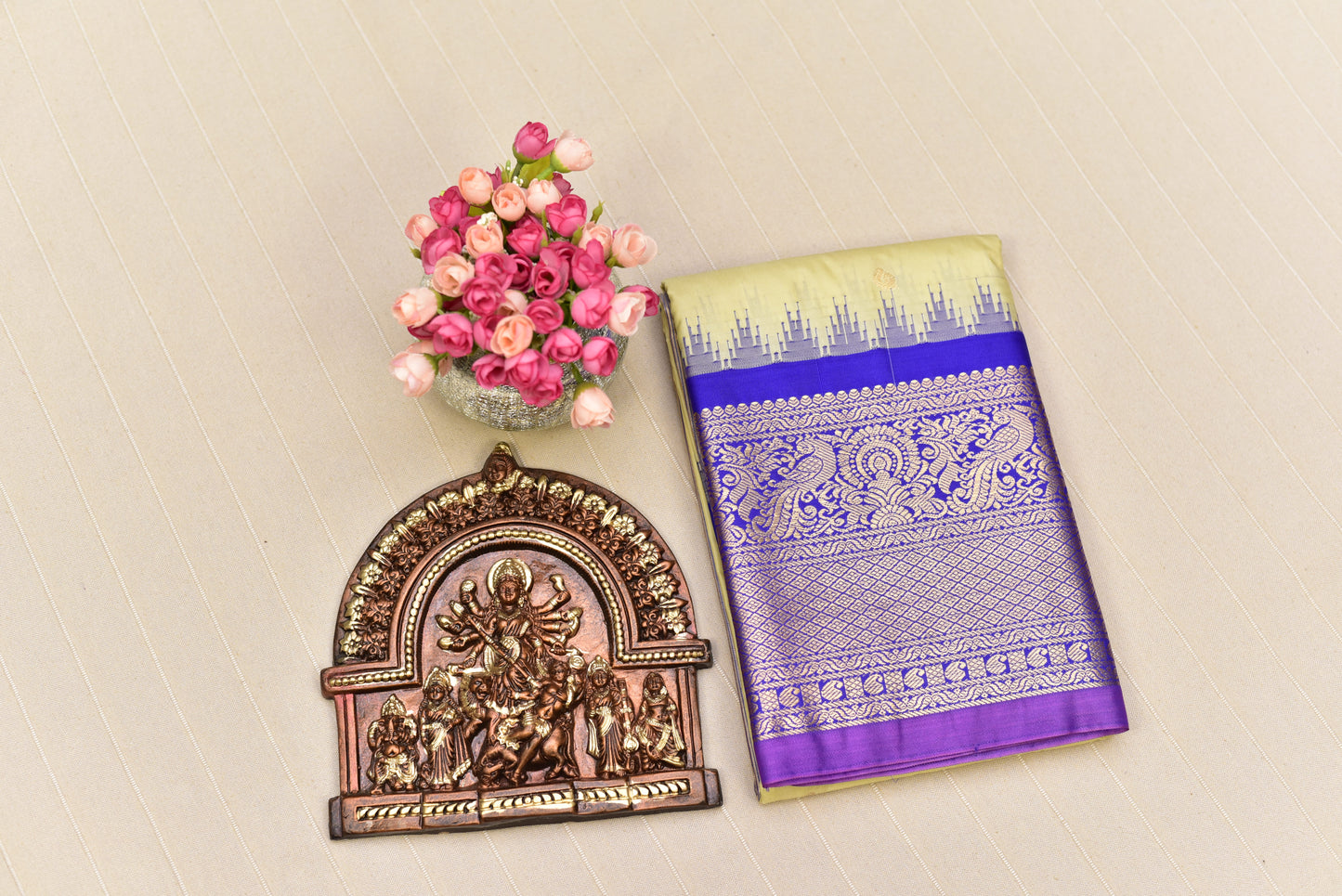 Imperial Cream & Blue Semi Gadwal Silk Saree