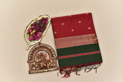 Imperial Bottle Green &  Crimson Red Maheshwari Silk Cotton Saree