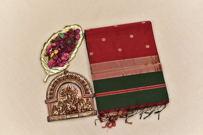 Imperial Bottle Green &  Crimson Red Maheshwari Silk Cotton Saree