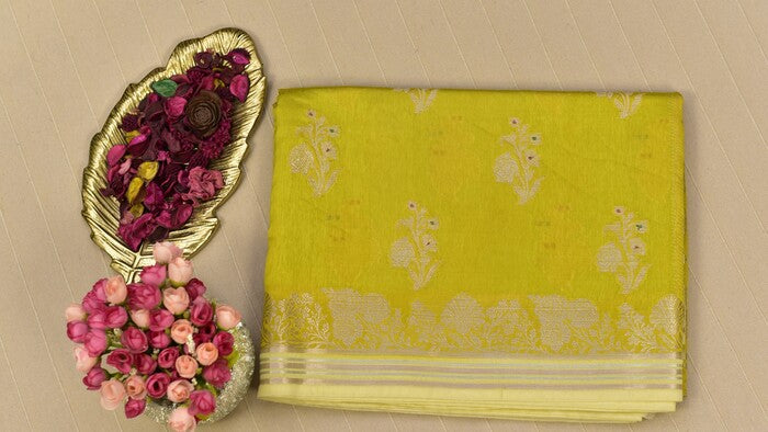 Bright Lime Green Semi Banarasi Silk Saree