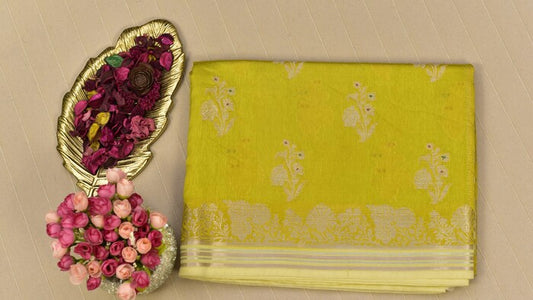 Bright Lime Green Semi Banarasi Silk Saree
