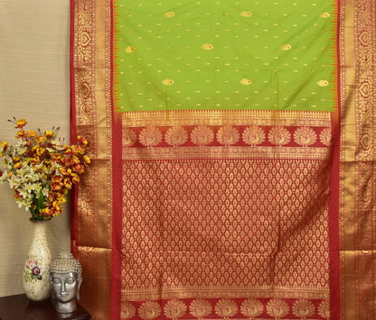 Parrot Green Semi Gadwal Silk Saree