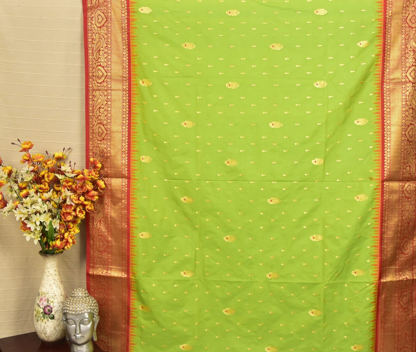 Parrot Green Semi Gadwal Silk Saree