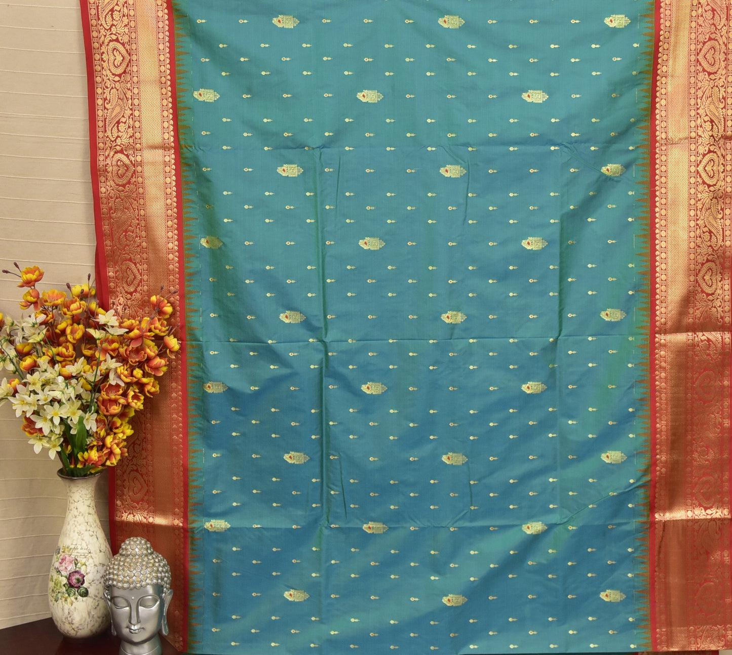 Teal Blue Semi Gadwal Silk Saree