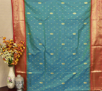 Teal Blue Semi Gadwal Silk Saree