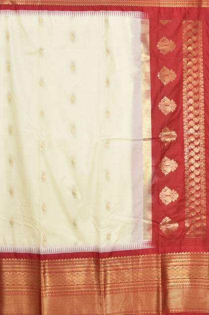 Pristine White and Crimson Red Semi Gadwal Silk Saree