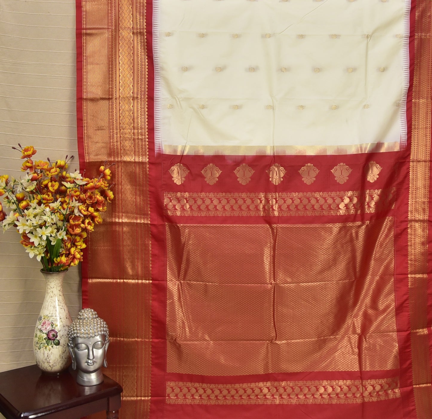 Pristine White and Crimson Red Semi Gadwal Silk Saree