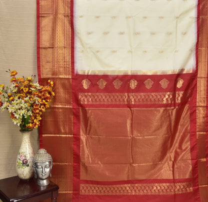 Pristine White and Crimson Red Semi Gadwal Silk Saree