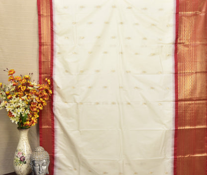 Pristine White and Crimson Red Semi Gadwal Silk Saree