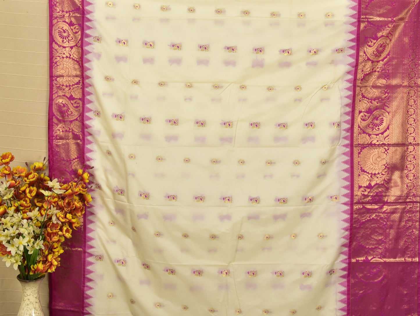 Graceful White & Pink Semi Gadwal Silk Saree