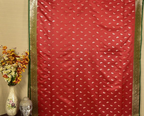 Rani Red Banarasi Mashru Silk Saree with Rich Zari Pallu & Green Border