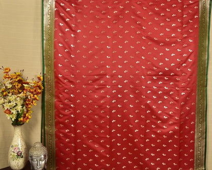 Rani Red Banarasi Mashru Silk Saree with Rich Zari Pallu & Green Border