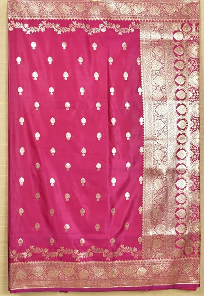 Pink Banarasi Mashru Silk Saree with Elegant Zari Butti & Rich Border