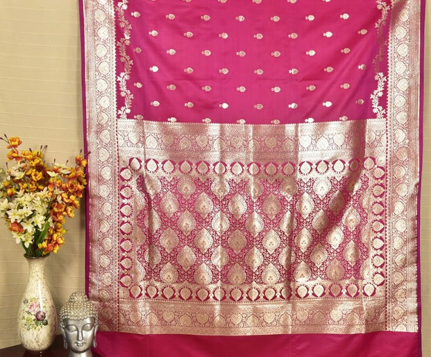 Pink Banarasi Mashru Silk Saree with Elegant Zari Butti & Rich Border