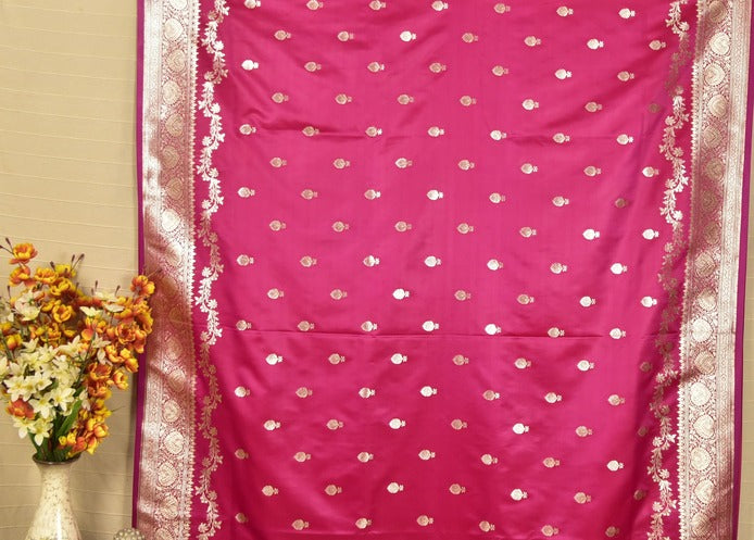 Pink Banarasi Mashru Silk Saree with Elegant Zari Butti & Rich Border