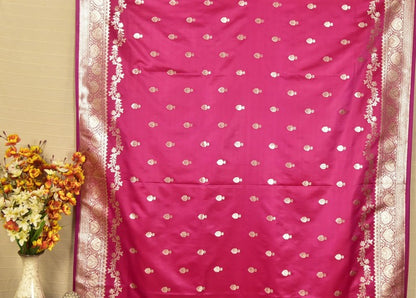 Pink Banarasi Mashru Silk Saree with Elegant Zari Butti & Rich Border