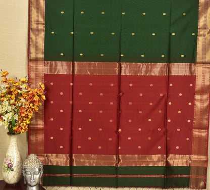 Imperial Bottle Green &  Crimson Red Maheshwari Silk Cotton Saree
