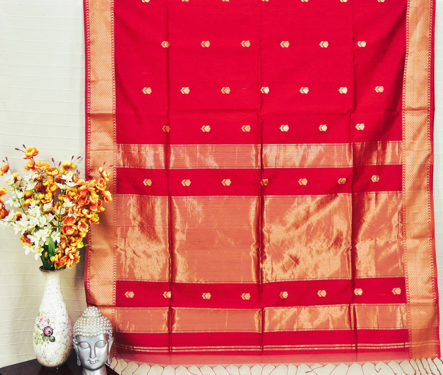 Deep Crimson Red Maheshwari Silk Cotton Saree