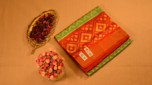 Lime Green and Vermillion Red Pure handloom Pochampally Ikat Silk saree