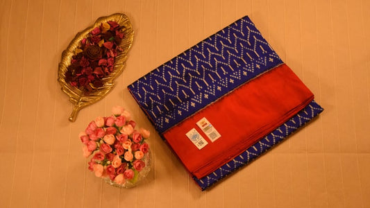 Striking blue and deep Red Pure handloom Pochampally Ikat Silk saree