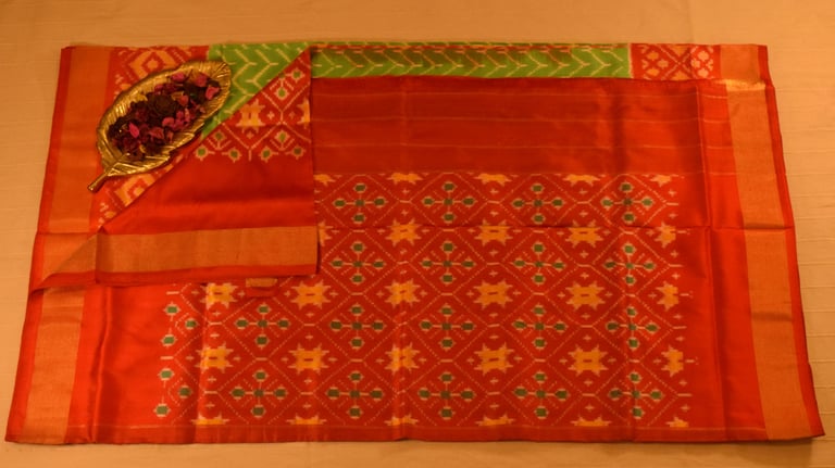 Lime Green and Vermillion Red Pure handloom Pochampally Ikat Silk saree