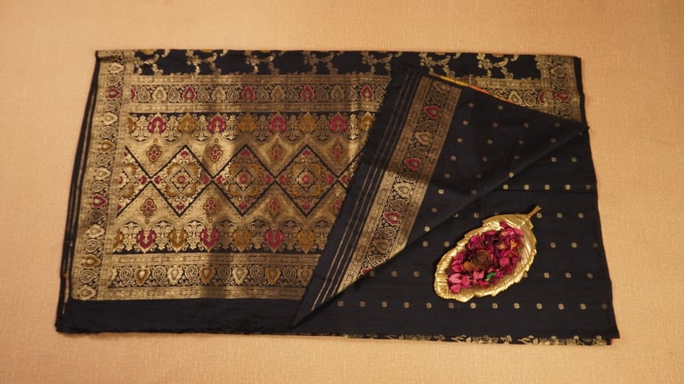 Black Semi Muga Banarasi Silk Saree with Rich Zari Work