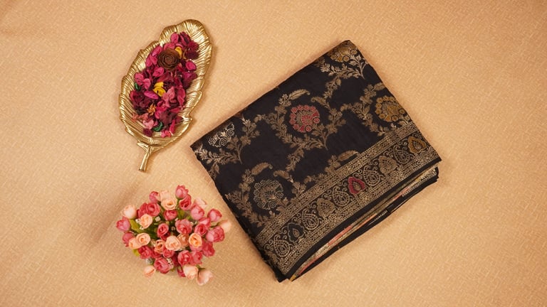 Black Semi Muga Banarasi Silk Saree with Rich Zari Work