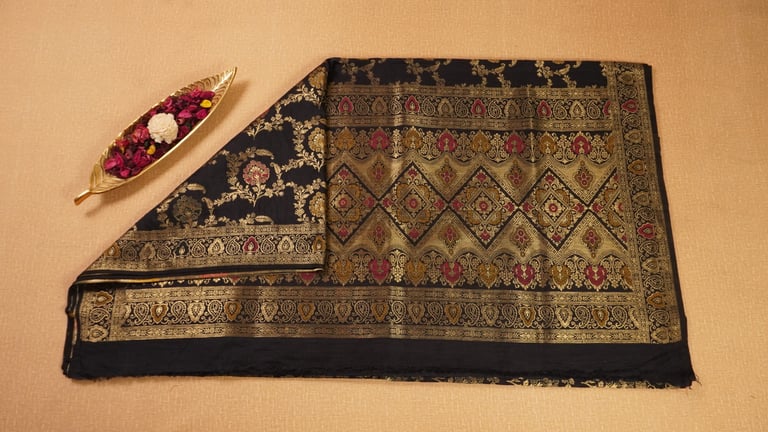 Black Semi Muga Banarasi Silk Saree with Rich Zari Work