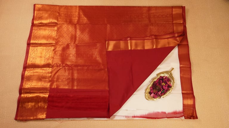 White and Red Semi Kanchivaram Silk Saree