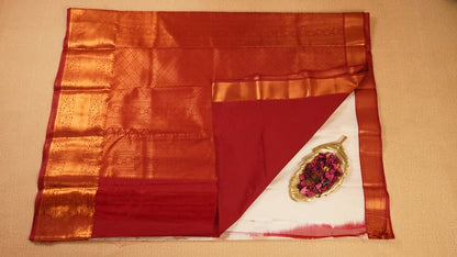 White and Red Semi Kanchivaram Silk Saree